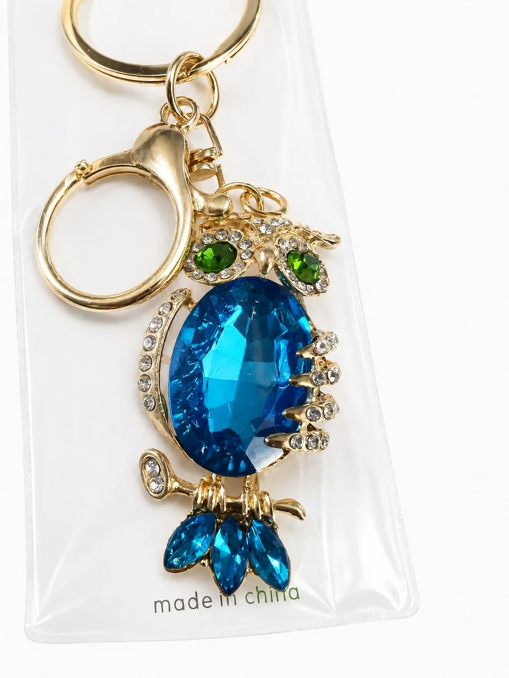 Mint Gold Owl Keychain with Blue and Green Crystals